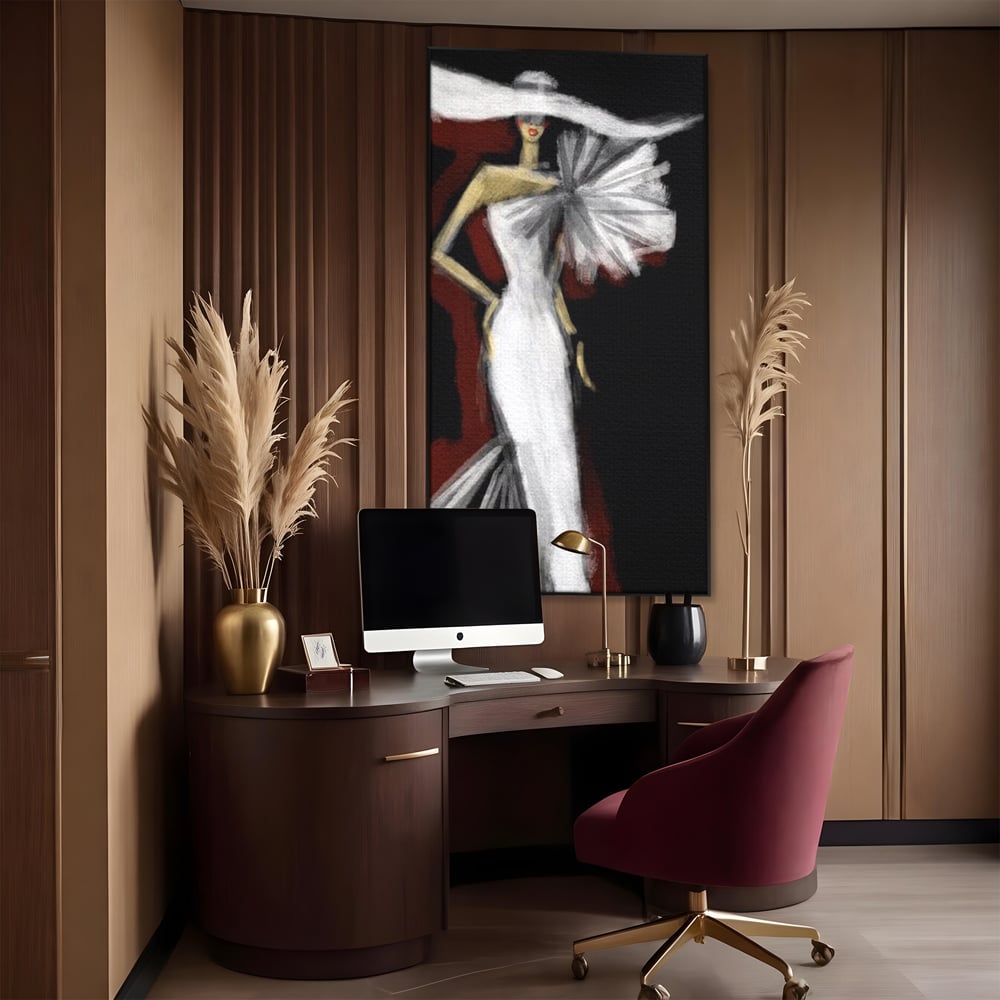 Tablou canvas cu ilustratie cu manechin in rochie alba, in rama de aluminiu negru, pe perete intr-un birou